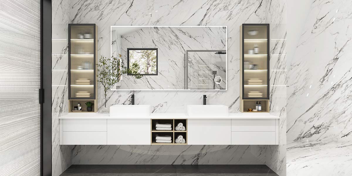 Floating Double Vanity White Bathroom Cabinets OBV22-TRA Floating Double Vanity White Bathroom Cabinets OBV22-TRA