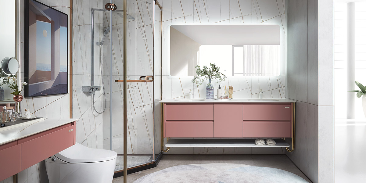 Double Basin Bathroom Vanity in Red OBV22-001 Double Basin Bathroom Vanity in Red OBV22-001