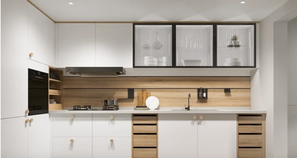 خزانة مطبخ باللونين الأبيض والخشبي على الطراز الحديث – OBK24L02 خزانة مطبخ باللونين الأبيض والخشبي على الطراز الحديث – OBK24L02
