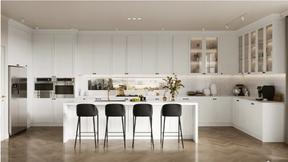 خزانة مطبخ شاكر بيضاء حديثة مع جزيرة – OBK24L01 خزانة مطبخ شاكر بيضاء حديثة مع جزيرة – OBK24L01