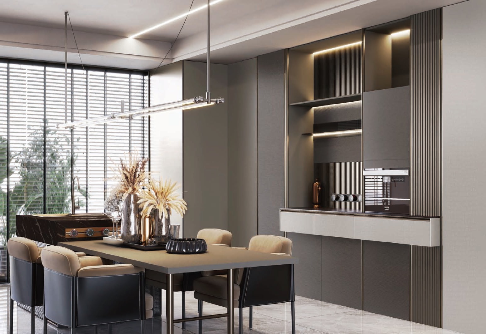 غرفة طعام بلون الرمادي مع جزيرة بالوسط غرفة طعام بلون الرمادي مع جزيرة بالوسط