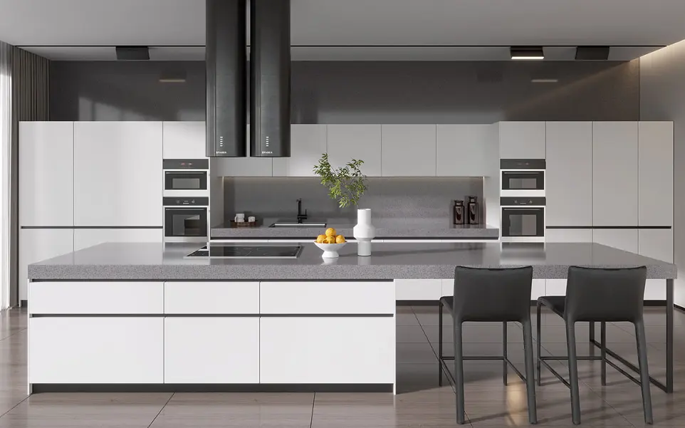 White Cabinets Grey Countertops Large Kitchen OBK22-L27