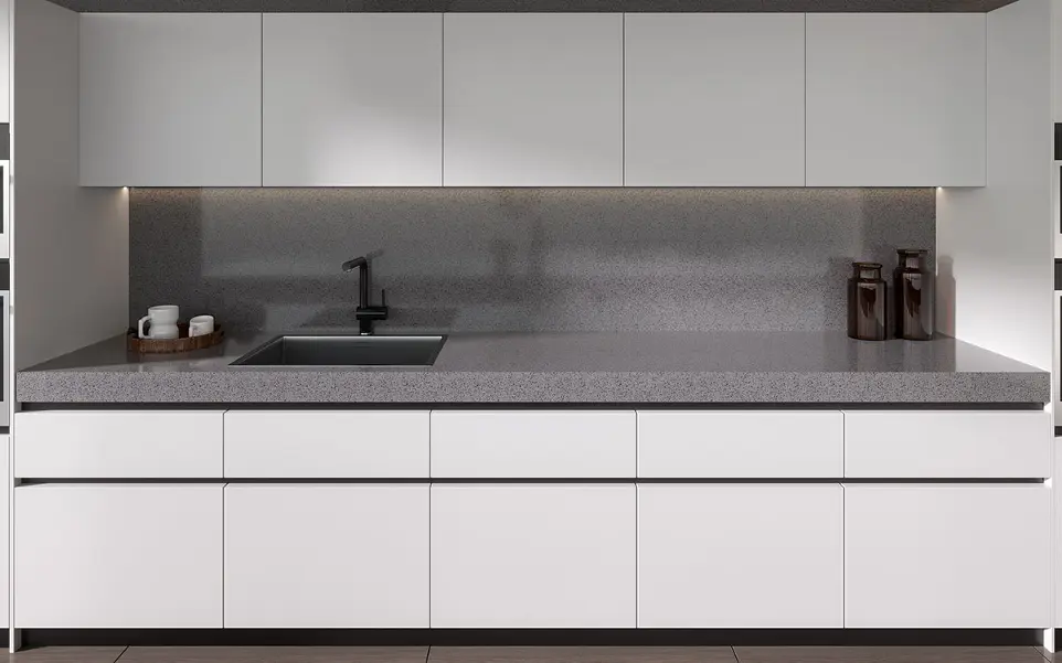 White Cabinets Grey Countertops Large Kitchen OBK22-L27