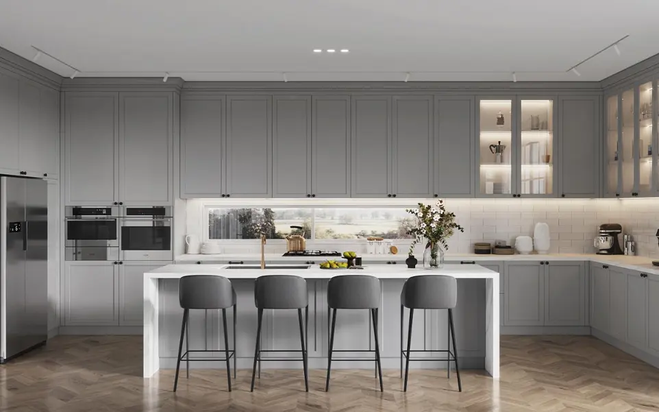Light Grey Shaker Kitchen Cabinets Open Concept OBK23-L03