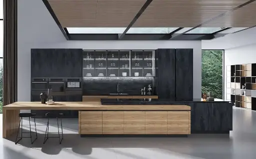 [OBK23-L07] Single Wall Kitchen Design with Long Wood Island OBK23-L07