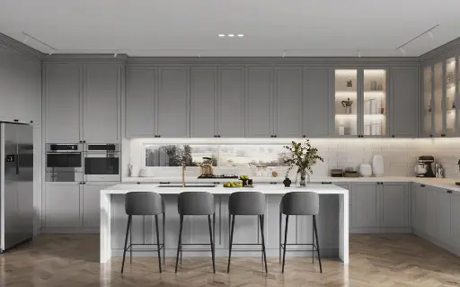 [OBK23-L03] Light Grey Shaker Kitchen Cabinets Open Concept OBK23-L03