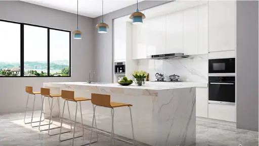 [OBK22-L02] Modern Waterfall Island Kitchen with Quartz Countertop OBK22-L02