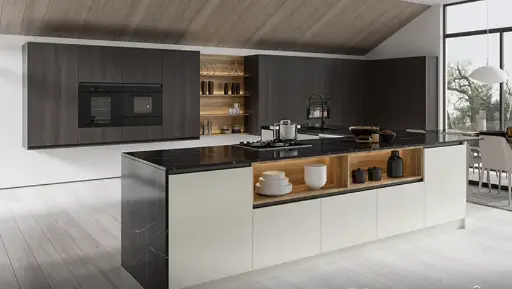 [OBK22-Vita] Kitchen Cabinets with Waterfall Edge Island Countertop OBK22-Vita