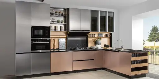 [OBK21-017] Handleless Kitchen Cabinets in Metal Laminate Finish OBK21-017