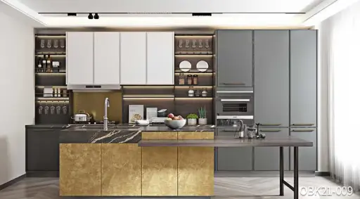 [OBK21-009] Industrial Kitchen Cabinets with Golden Island OBK21-009