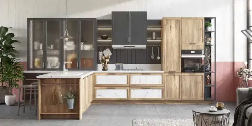 [OBK21-028] Thermofoil Wood Kitchen Cabinet in T Shape OBK21-028