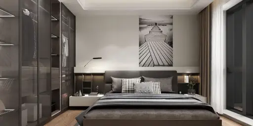 [OBW21-008] Gray Wood Fitted Wardrobe with Glass Doors OBW21-008
